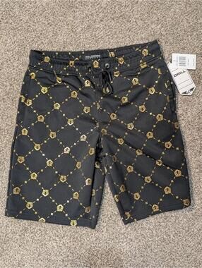 Drill Clothing Co Tiger Head Shorts Small NWT Black Gold Monogram D2307-Y1254